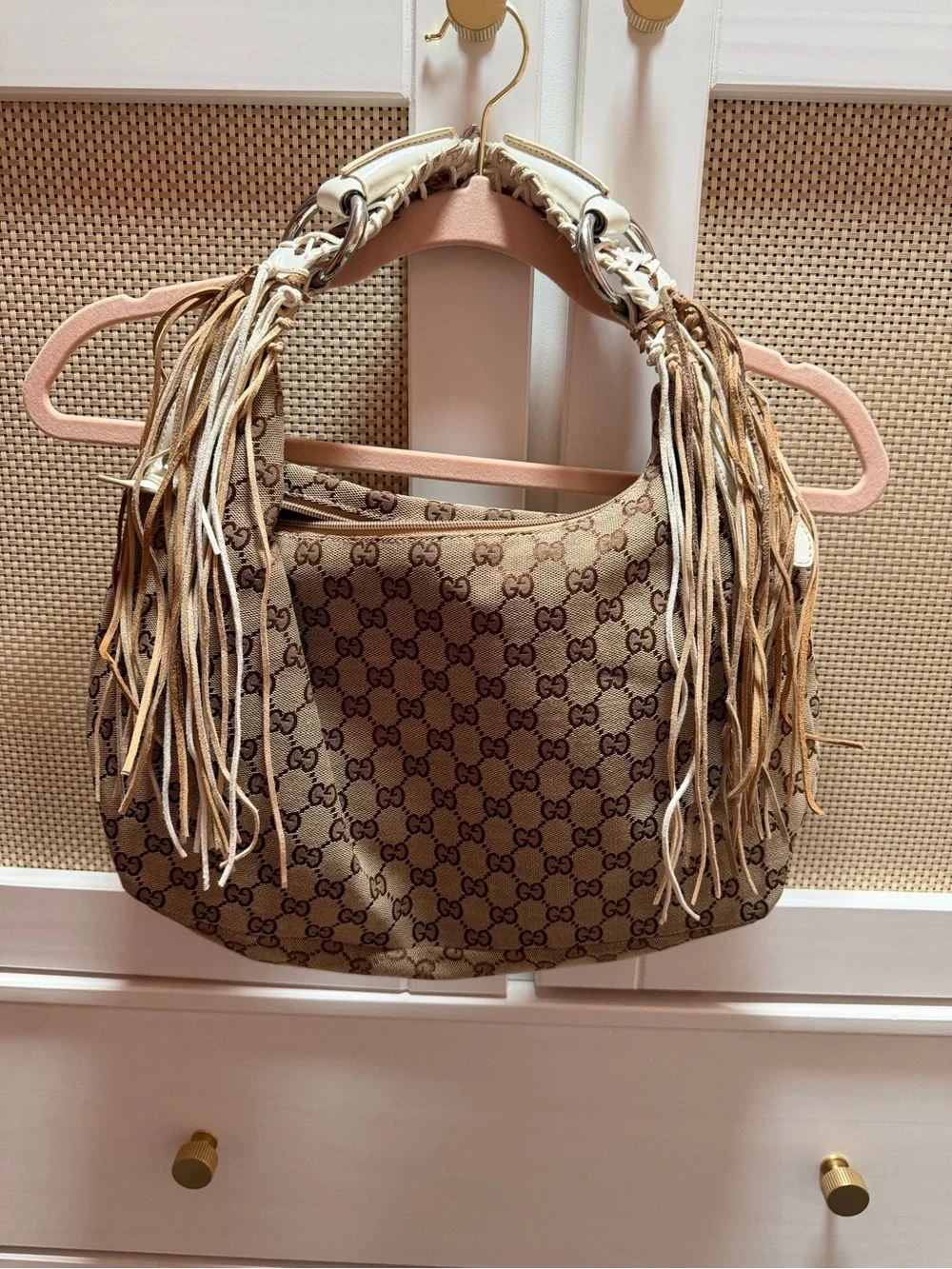 Gucci repurposed Beige Brown GG Monogram Fringe Shoulder Bag